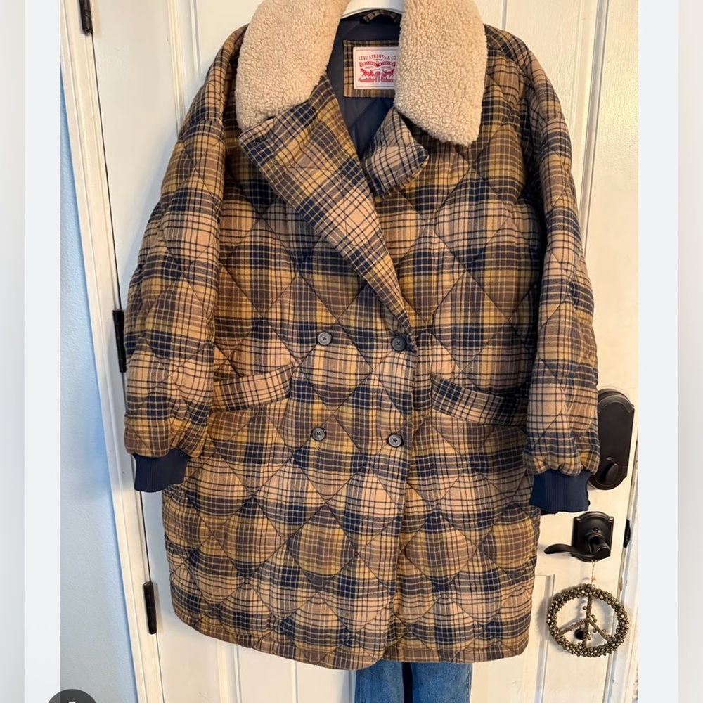 Levi’s Quilted Plaid Double Breasted Fleece Jacket with Cream Collar L - Picture 10 of 15